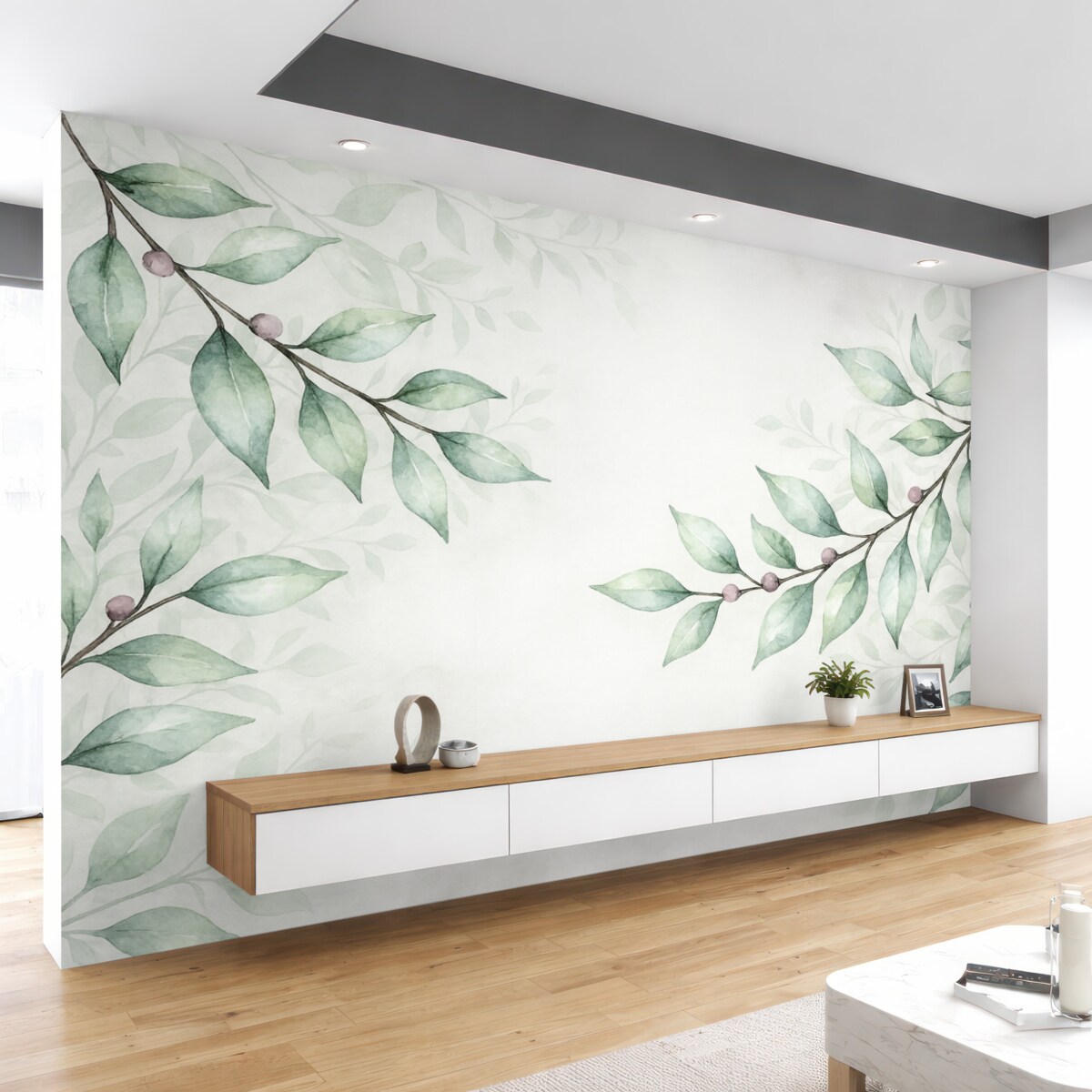 Fototapeta gałązki z zielonymi liśćmi na szarym tle