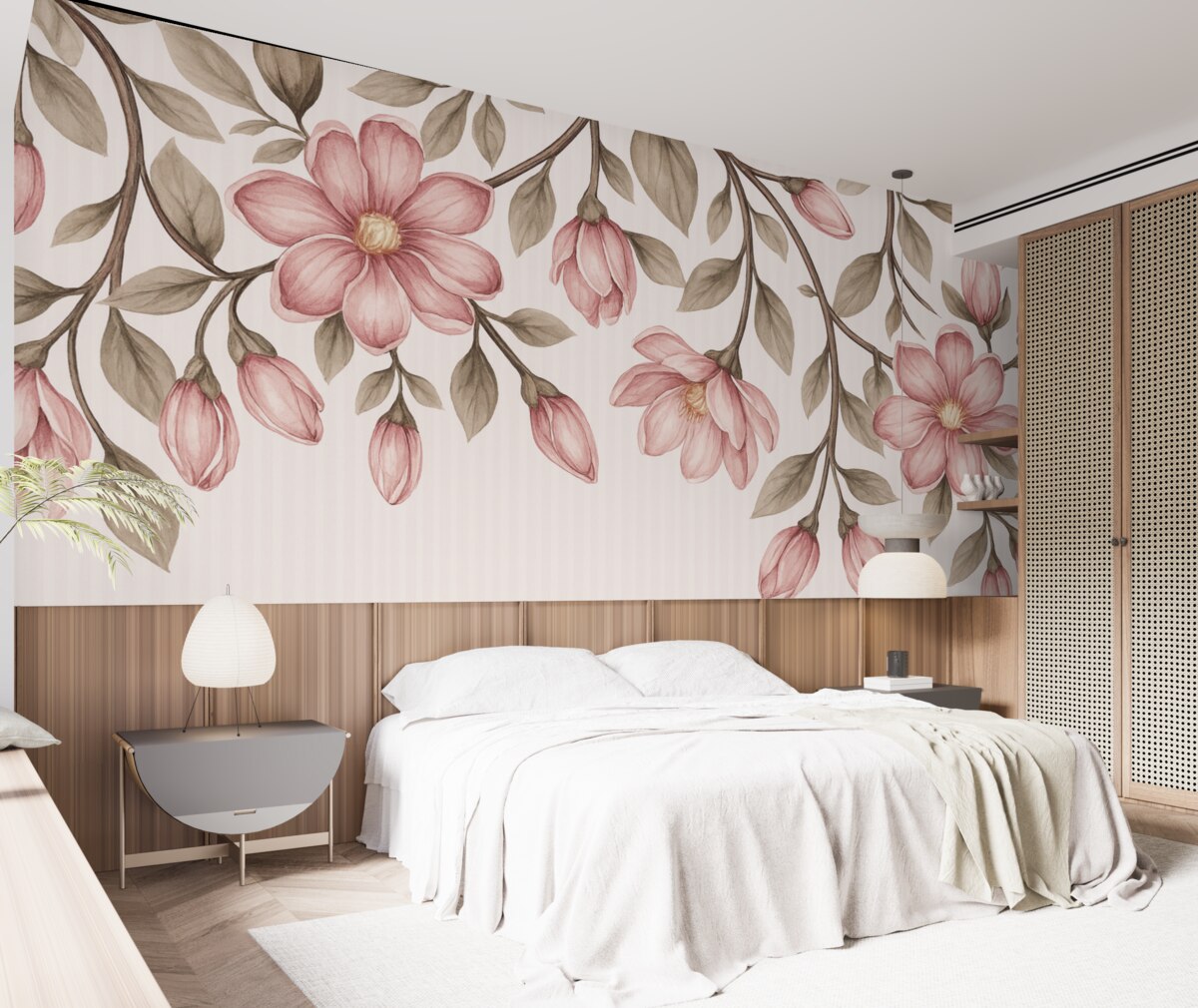 Fototapeta różowe kwiaty na tle w pasy