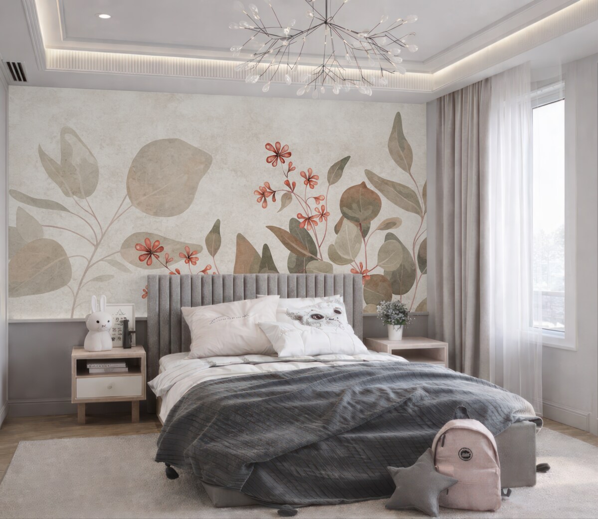 Fototapeta liście i kwiaty na szarej przestrzeni