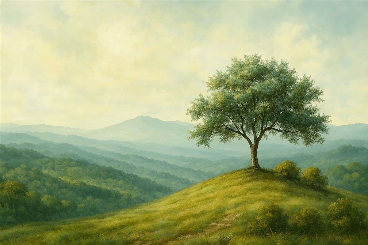 Fototapeta widok z drzewem na pagórku