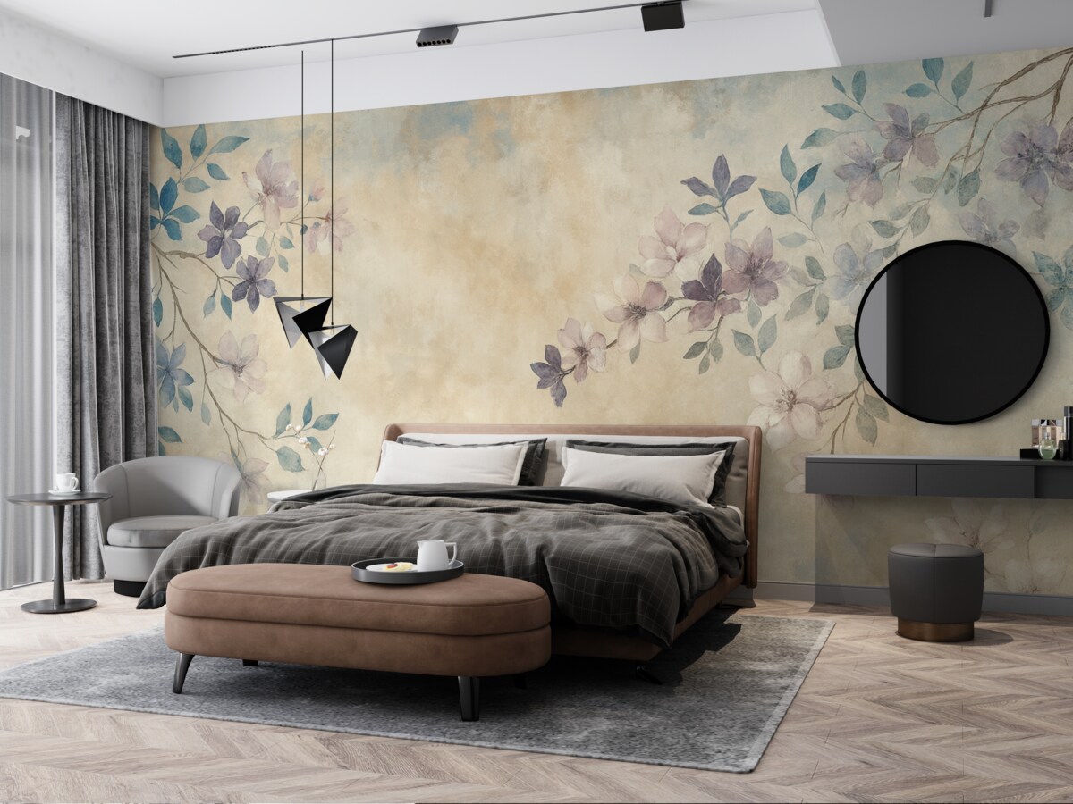 Fototapeta Tapeta w stylu vintage z gałęziami i roślinami.