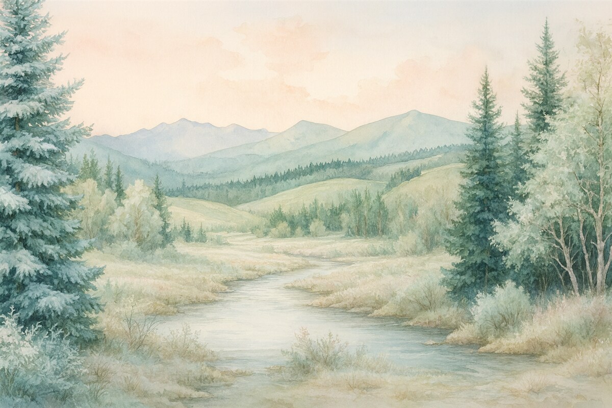 Fototapeta Krajobraz w stylu akwarelowym z jodłami.