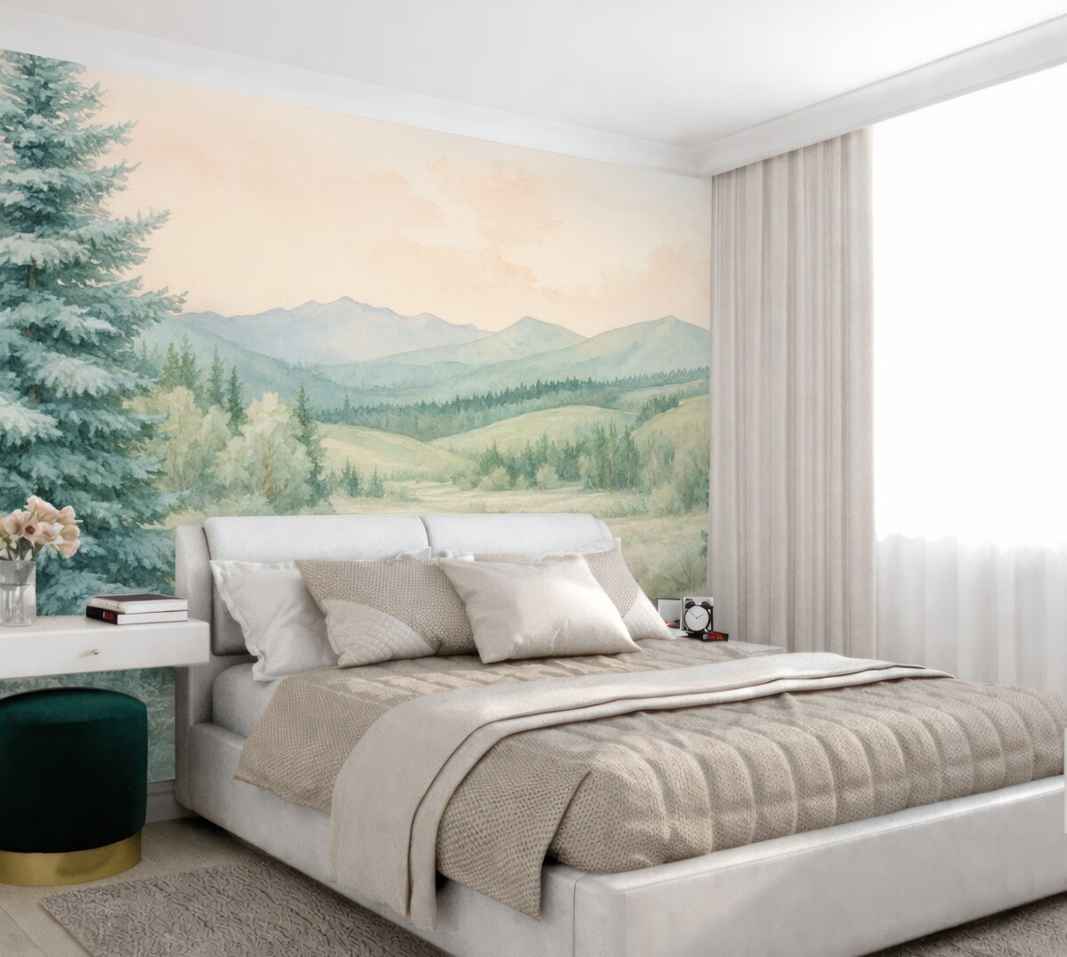 Fototapeta Krajobraz w stylu akwarelowym z jodłami.