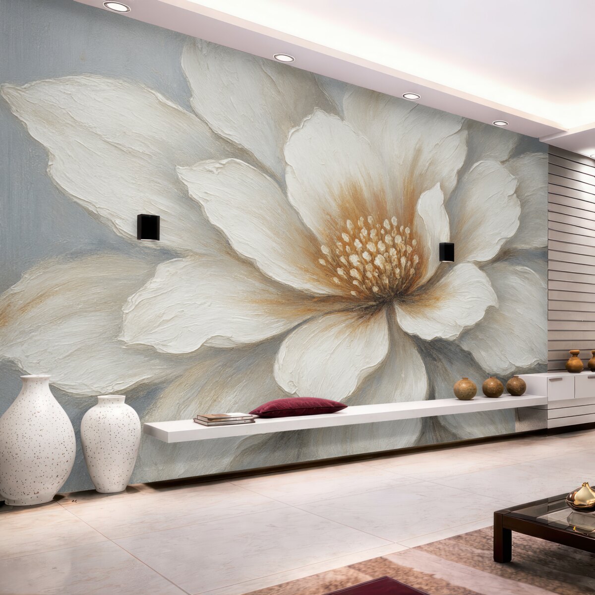 Fototapeta Abstrakcyjny biały kwiat na szarej powierzchni.