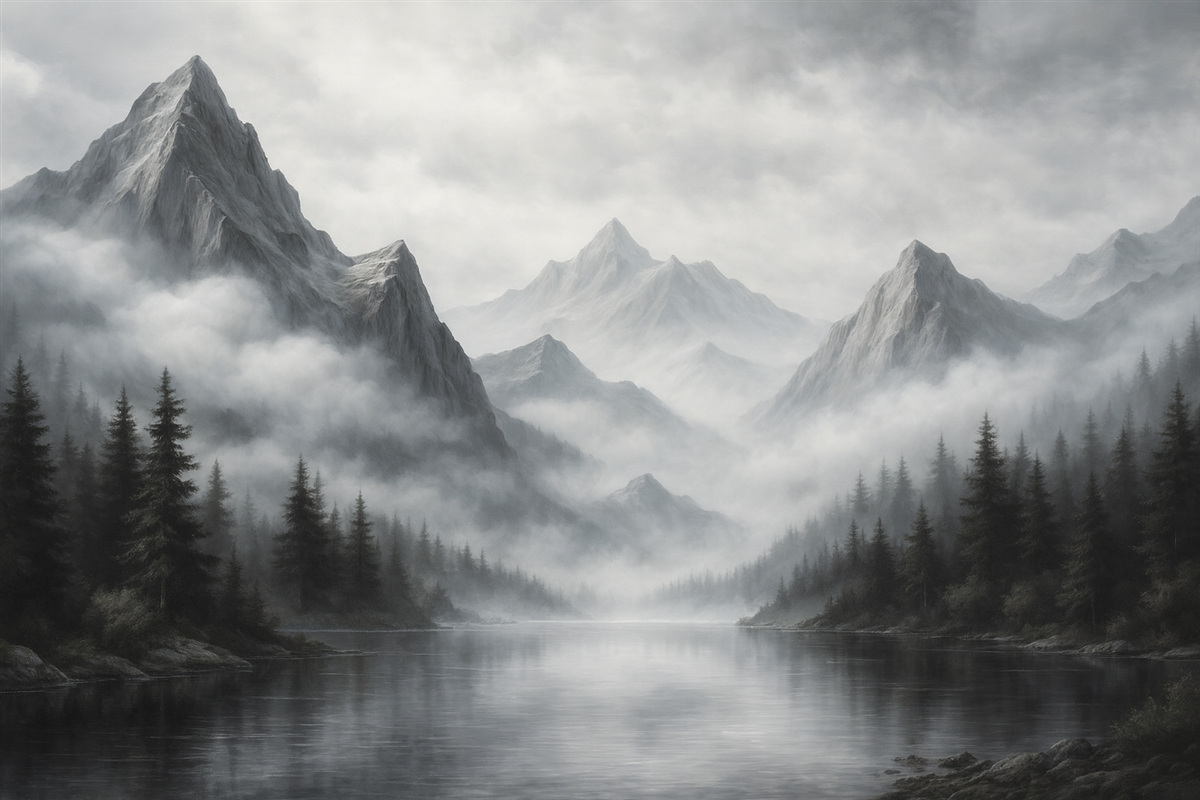 Fototapeta Krajobrazy gór i lasów przypominające niewyraźne akwarele.