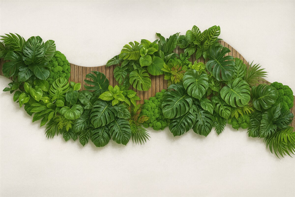 Fototapeta Panel z kwiatami, palmowymi liśćmi, mchem oraz drewnianym tłem.