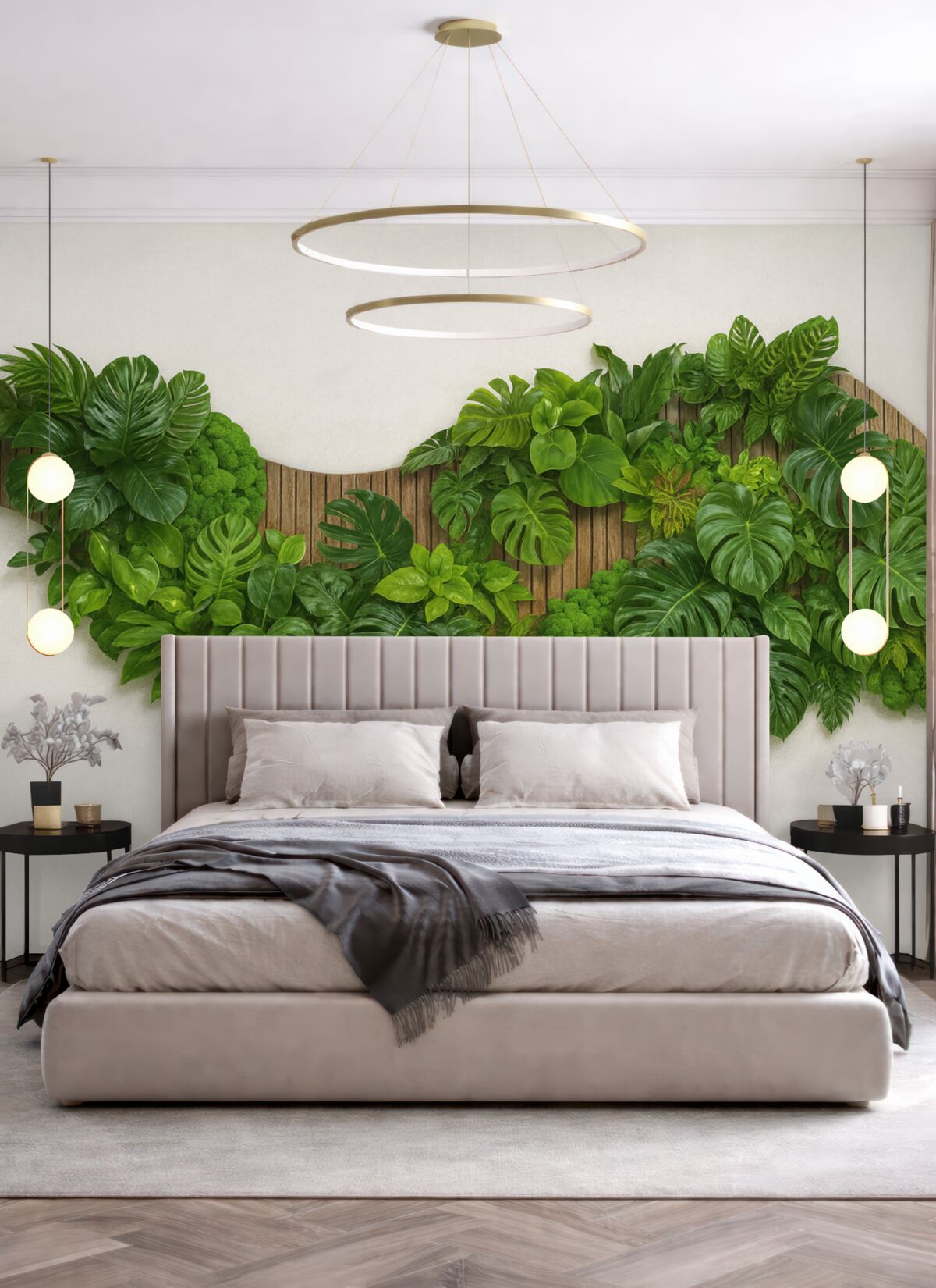 Fototapeta Panel z kwiatami, palmowymi liśćmi, mchem oraz drewnianym tłem.