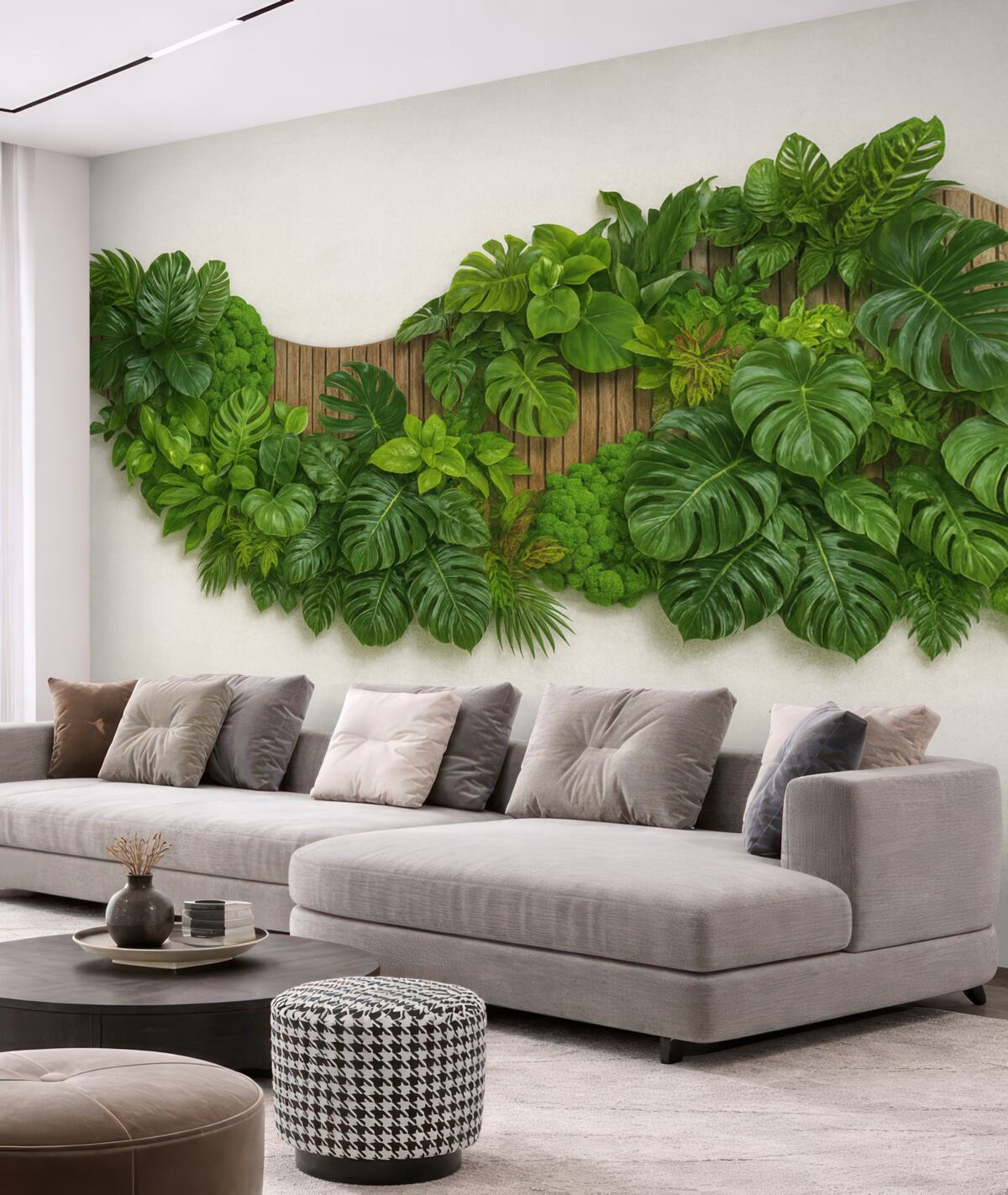 Fototapeta Panel z kwiatami, palmowymi liśćmi, mchem oraz drewnianym tłem.