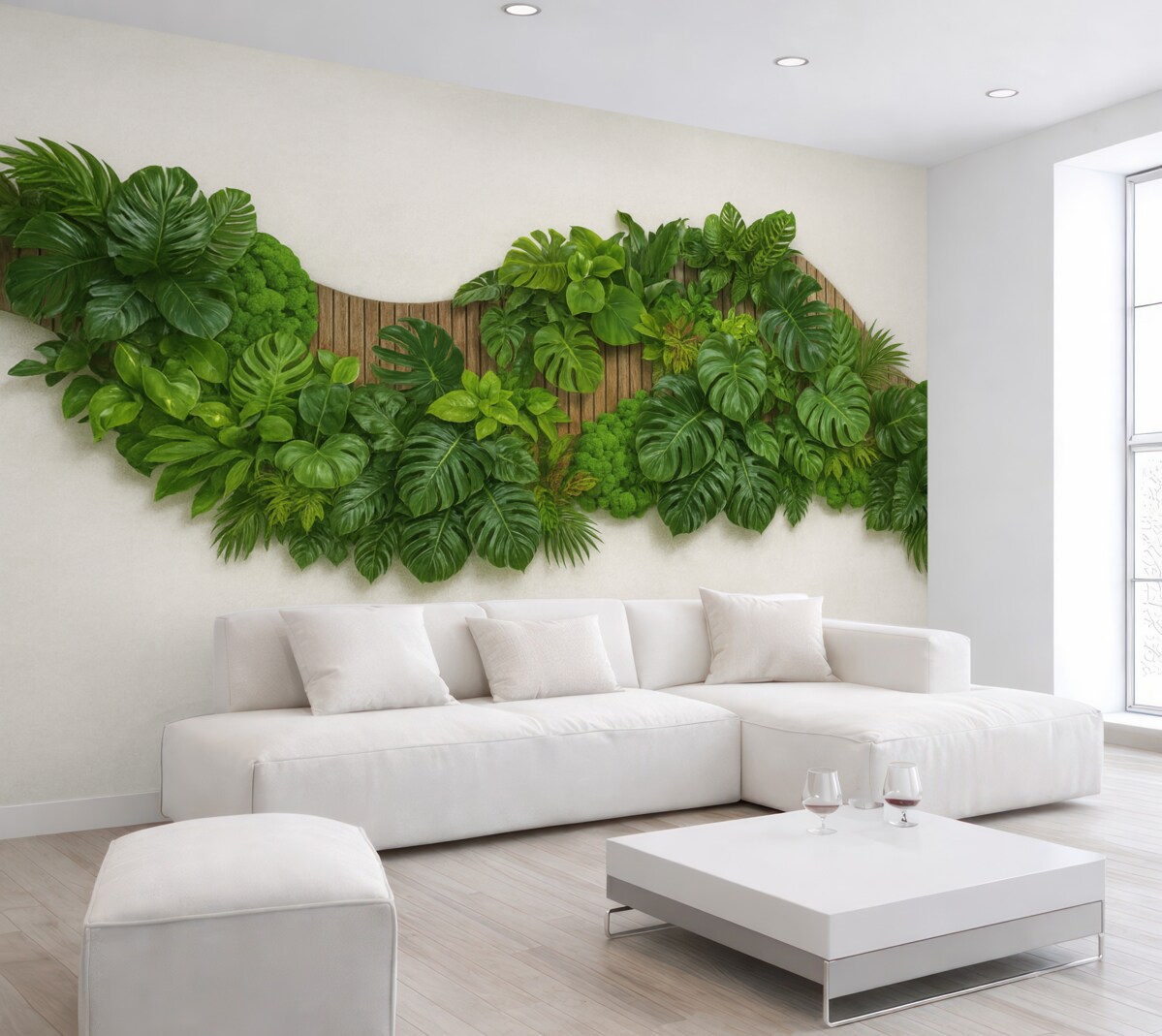 Fototapeta Panel z kwiatami, palmowymi liśćmi, mchem oraz drewnianym tłem.