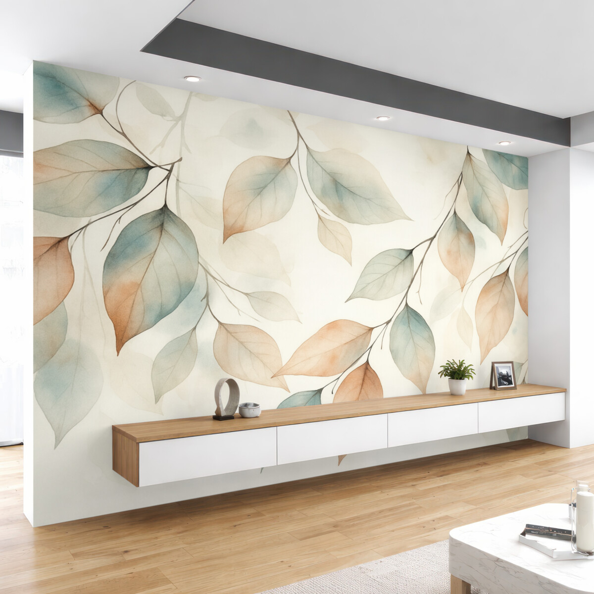 Fototapeta Abstrakcyjne konary z liśćmi w stylu akwarelowym.