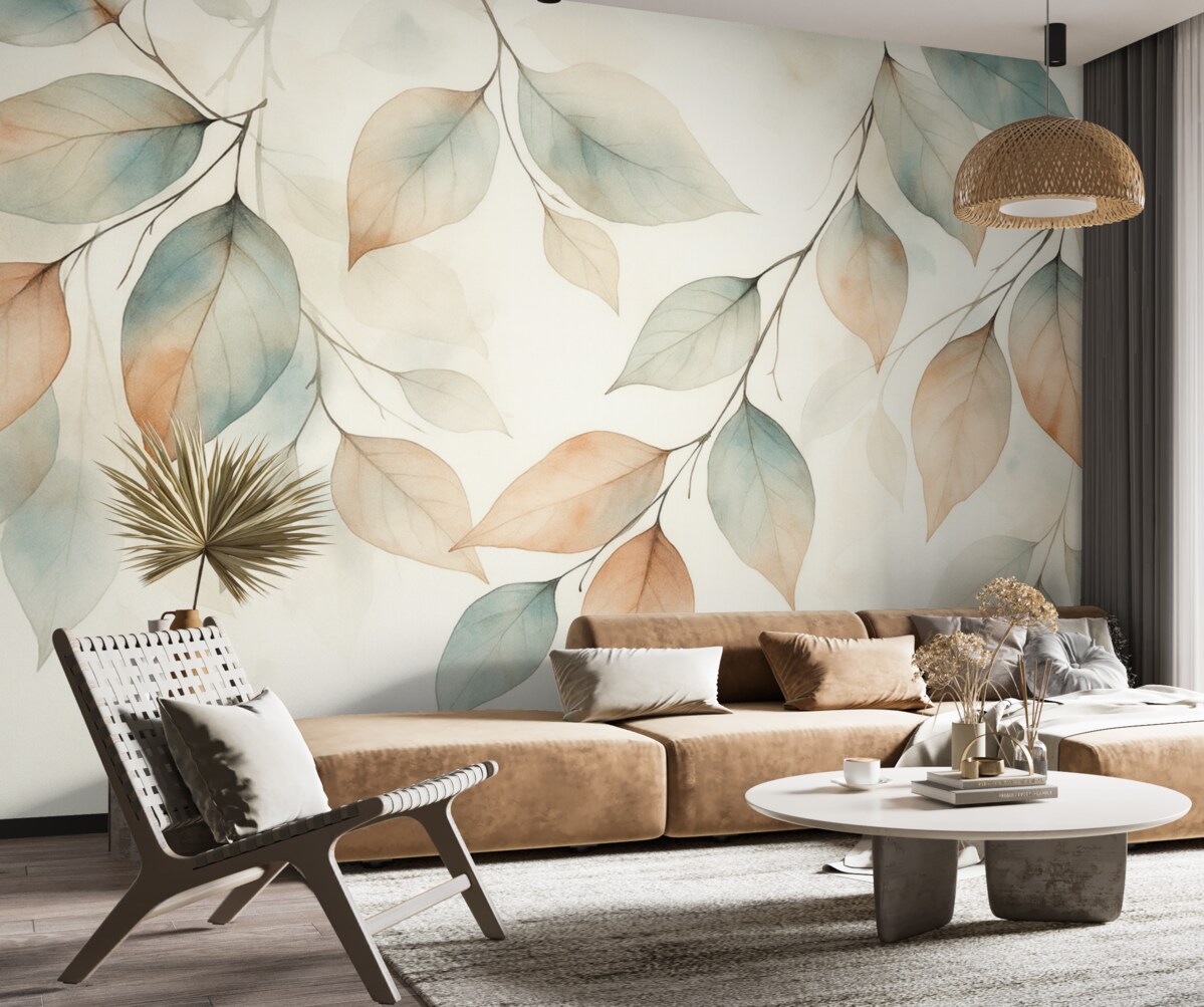 Fototapeta Abstrakcyjne konary z liśćmi w stylu akwarelowym.