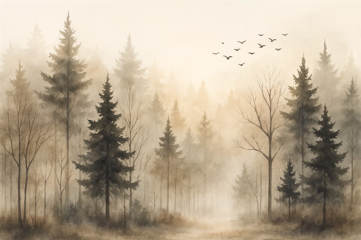 Fototapeta Sylwetki jodeł oraz drzew przypominające wilgotną akwarelę.