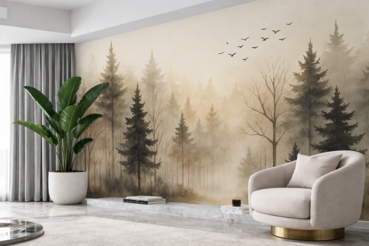 Fototapeta Sylwetki jodeł oraz drzew przypominające wilgotną akwarelę.