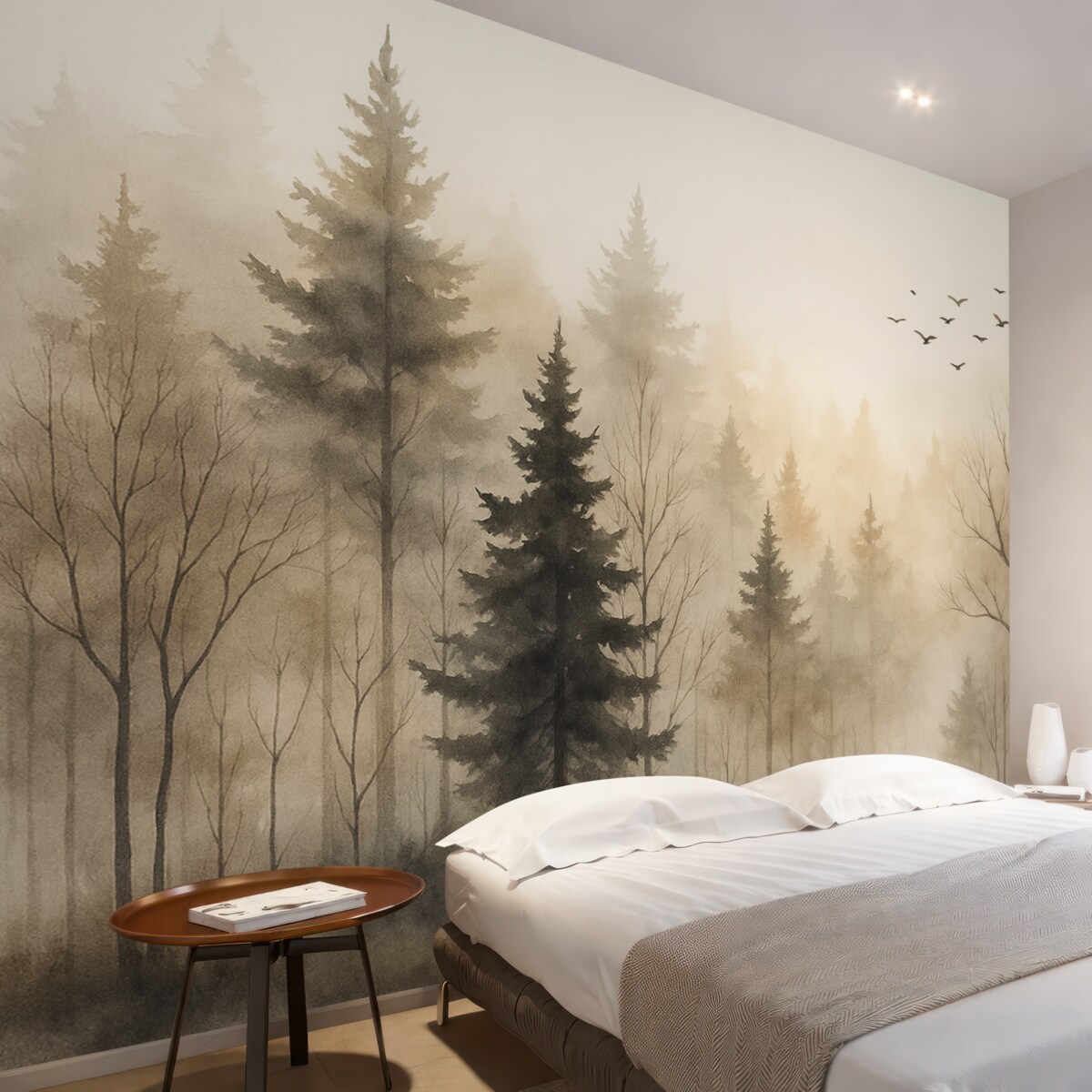 Fototapeta Sylwetki jodeł oraz drzew przypominające wilgotną akwarelę.