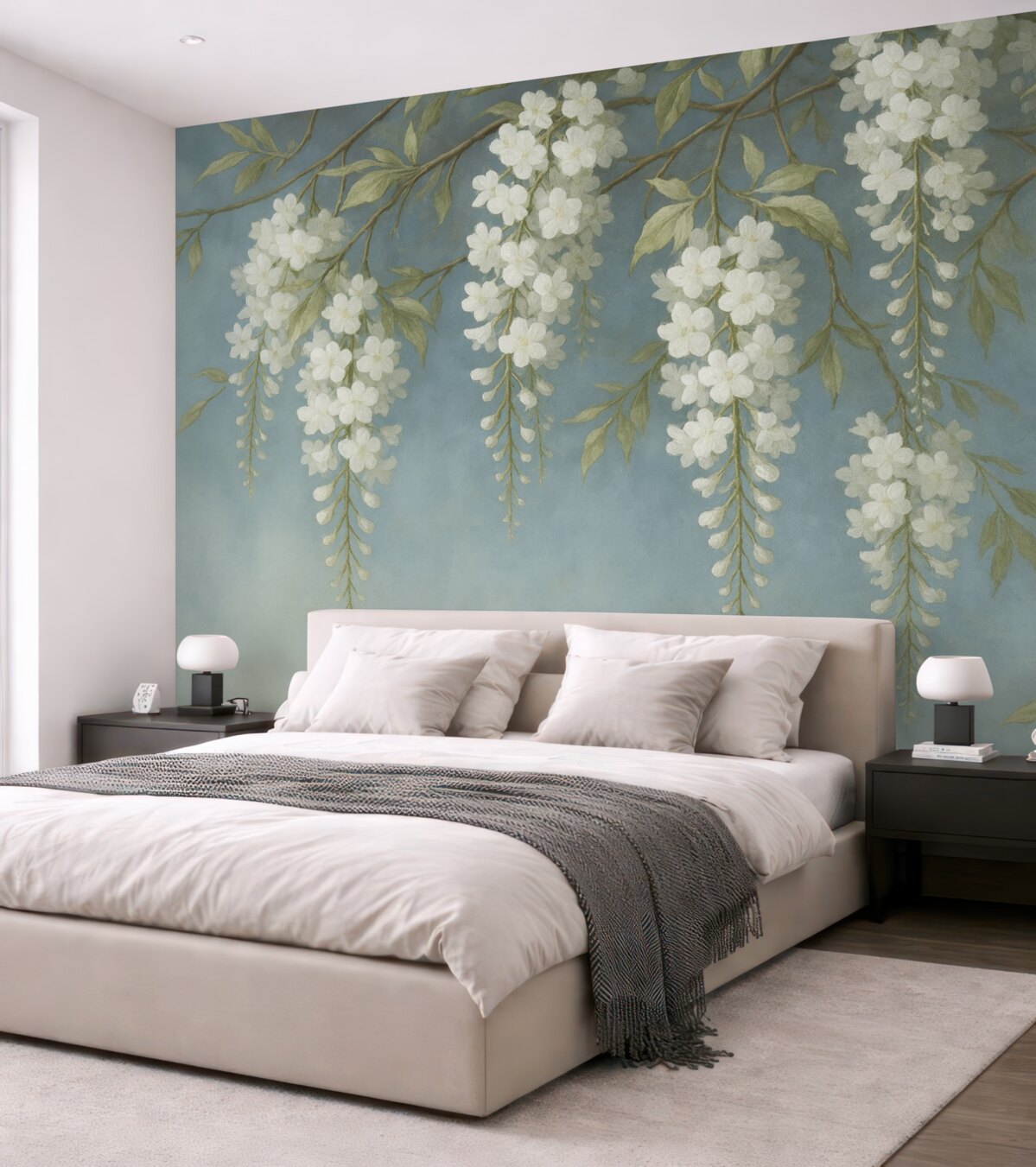 Fototapeta Biała akacja na niebieskim widoku obrazu.