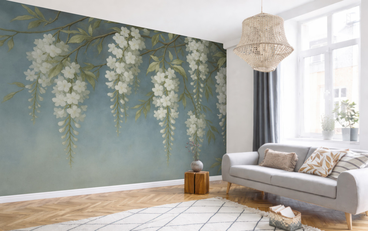 Fototapeta Biała akacja na niebieskim widoku obrazu.