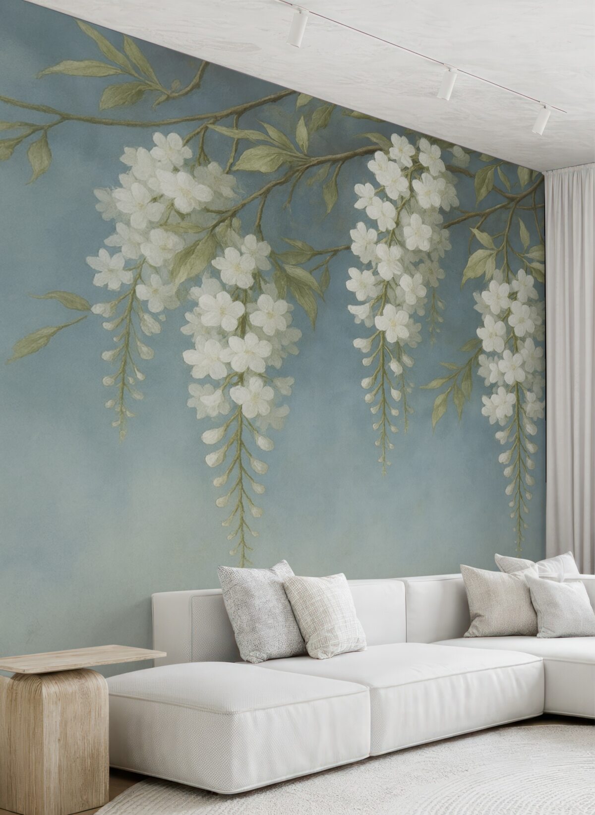 Fototapeta Biała akacja na niebieskim widoku obrazu.