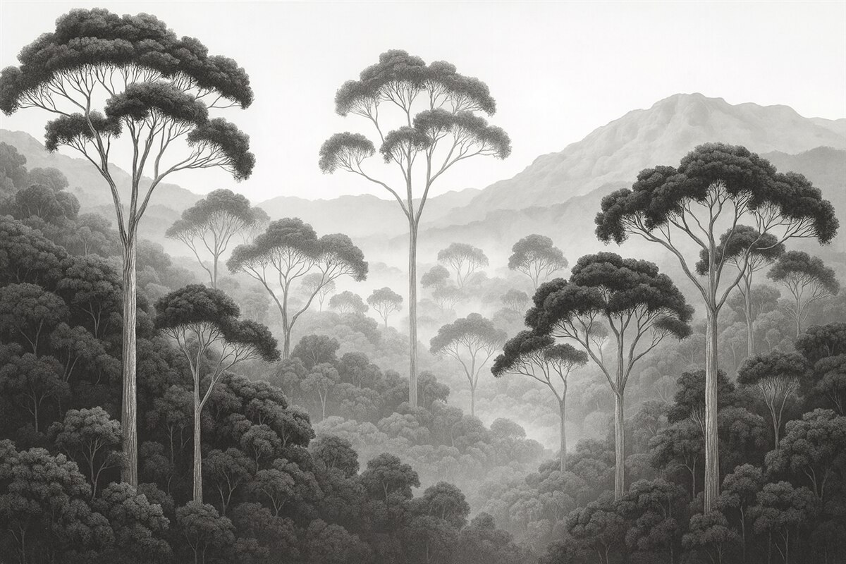 Fototapeta Dżungla, szczyty gór, tropikalny klimat, przyroda, wysokie drzewa, ciemnoniebieskie odcienie.