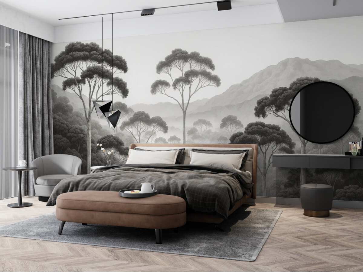 Fototapeta Dżungla, szczyty gór, tropikalny klimat, przyroda, wysokie drzewa, ciemnoniebieskie odcienie.