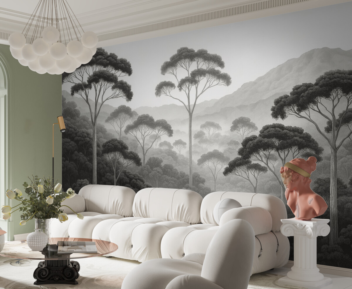 Fototapeta Dżungla, szczyty gór, tropikalny klimat, przyroda, wysokie drzewa, ciemnoniebieskie odcienie.