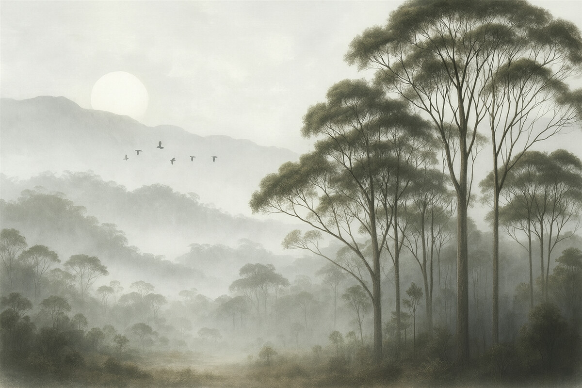 Fototapeta Drzewa w mgle, pejzaże przyrody, ptaki, promienie słońca, zielone barwy.