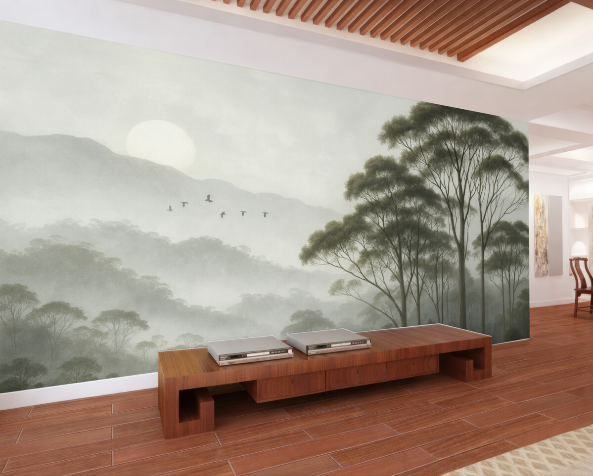 Fototapeta Drzewa w mgle, pejzaże przyrody, ptaki, promienie słońca, zielone barwy.