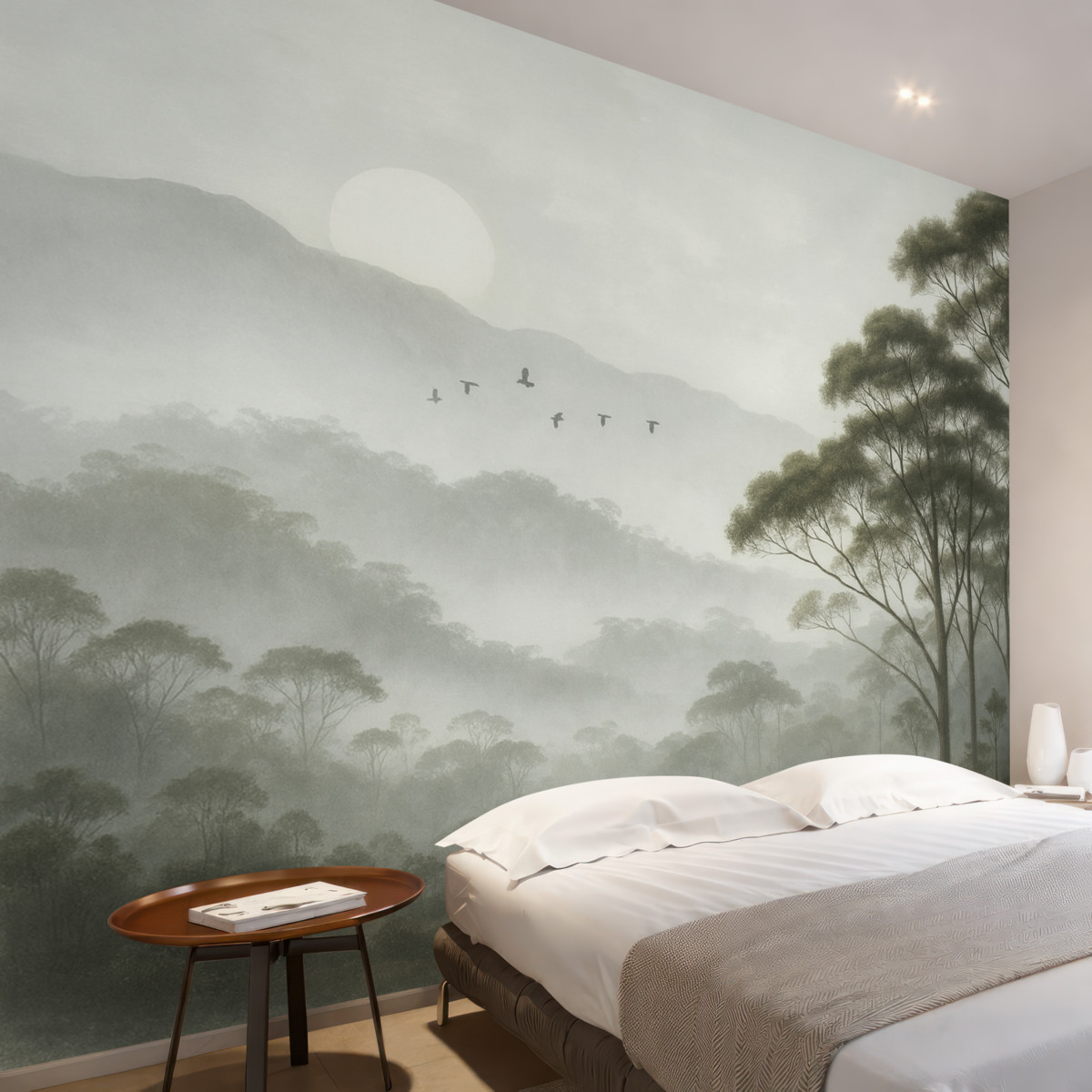 Fototapeta Drzewa w mgle, pejzaże przyrody, ptaki, promienie słońca, zielone barwy.