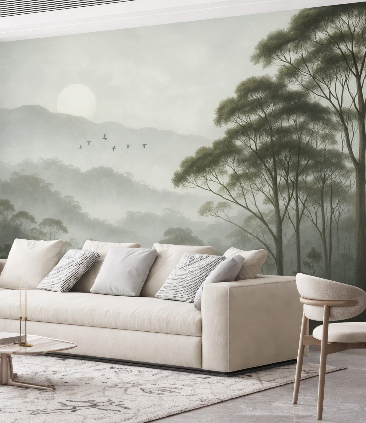 Fototapeta Drzewa w mgle, pejzaże przyrody, ptaki, promienie słońca, zielone barwy.