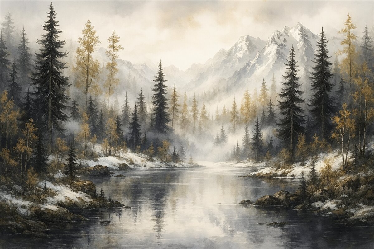 Fototapeta Zimowy pejzaż z jeziorem oraz lasem, góry, pastelowy styl rysunku.