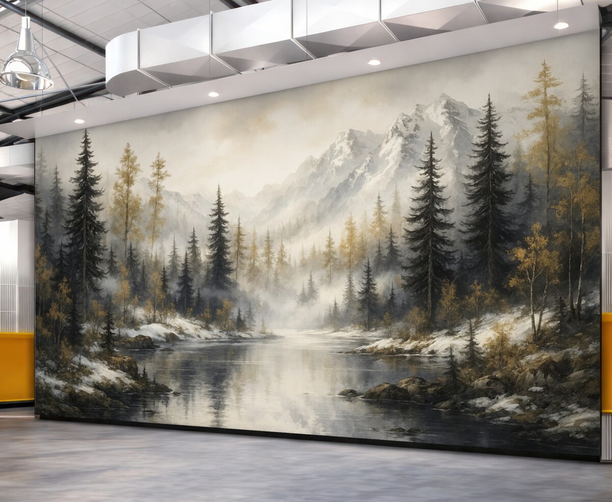 Fototapeta Zimowy pejzaż z jeziorem oraz lasem, góry, pastelowy styl rysunku.