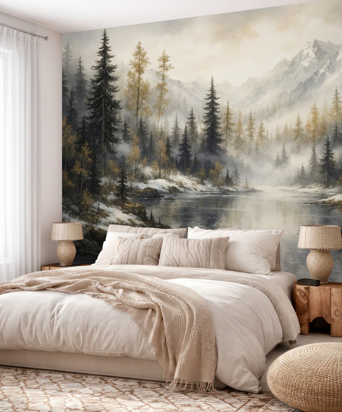 Fototapeta Zimowy pejzaż z jeziorem oraz lasem, góry, pastelowy styl rysunku.