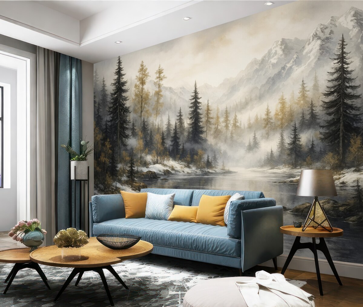 Fototapeta Zimowy pejzaż z jeziorem oraz lasem, góry, pastelowy styl rysunku.