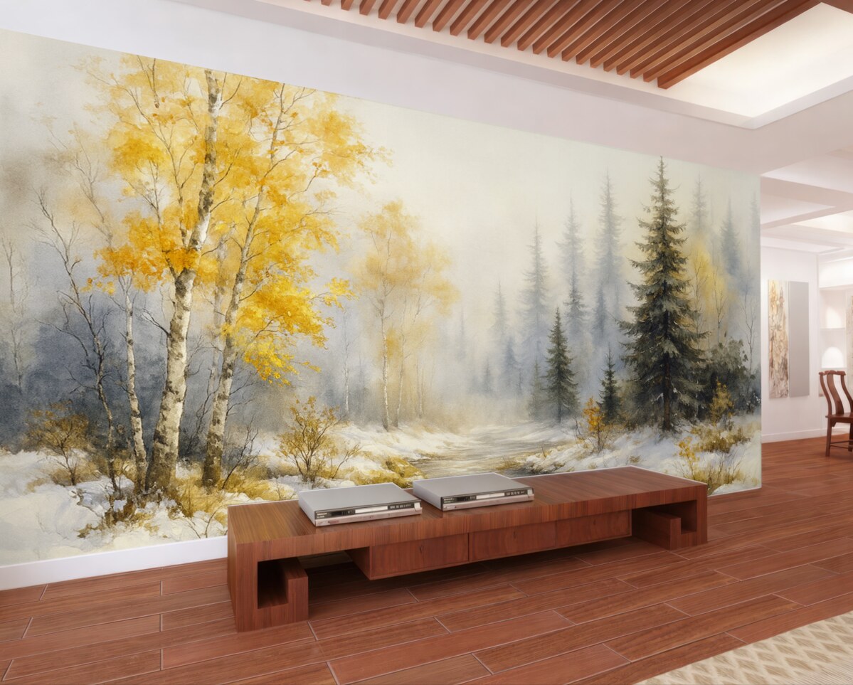 Fototapeta Zimowy las, białe brzozy, sosny, strumień, mgiełka, delikatne kolory.