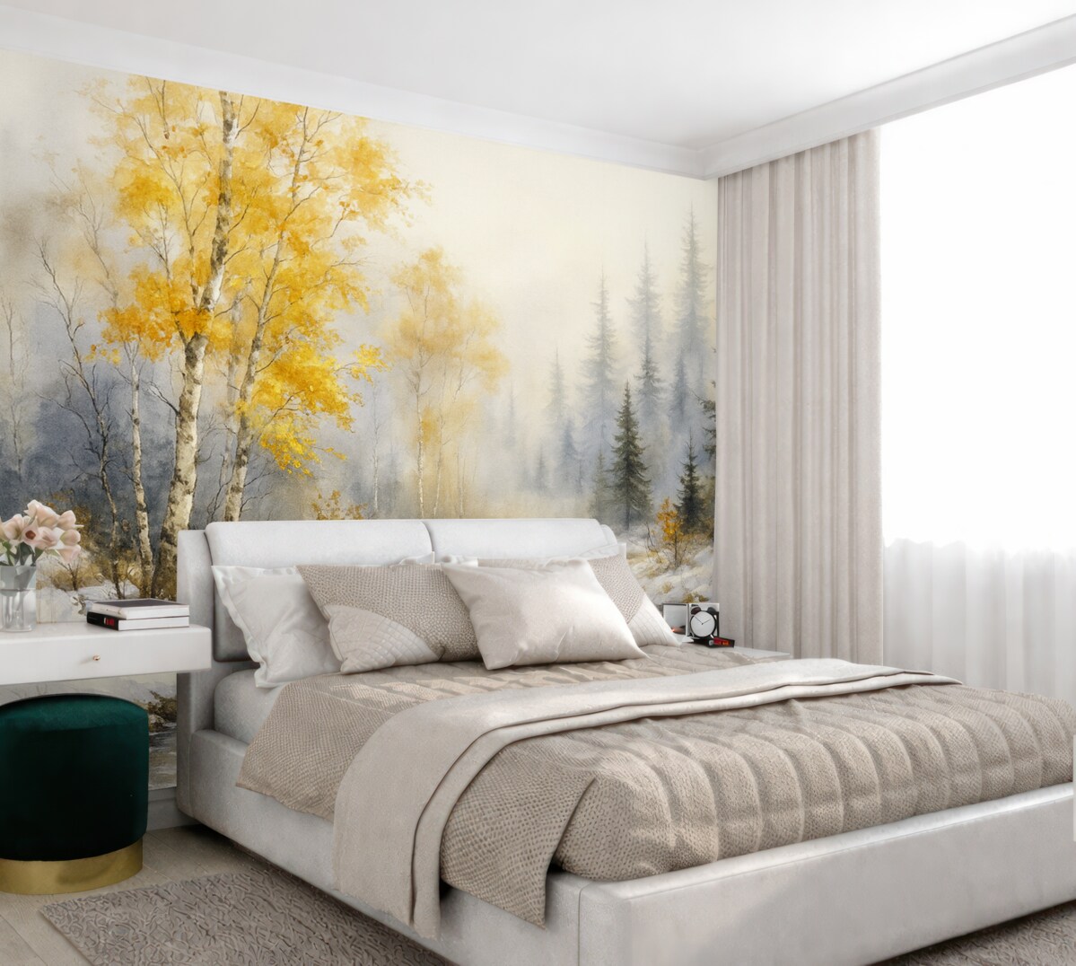 Fototapeta Zimowy las, białe brzozy, sosny, strumień, mgiełka, delikatne kolory.