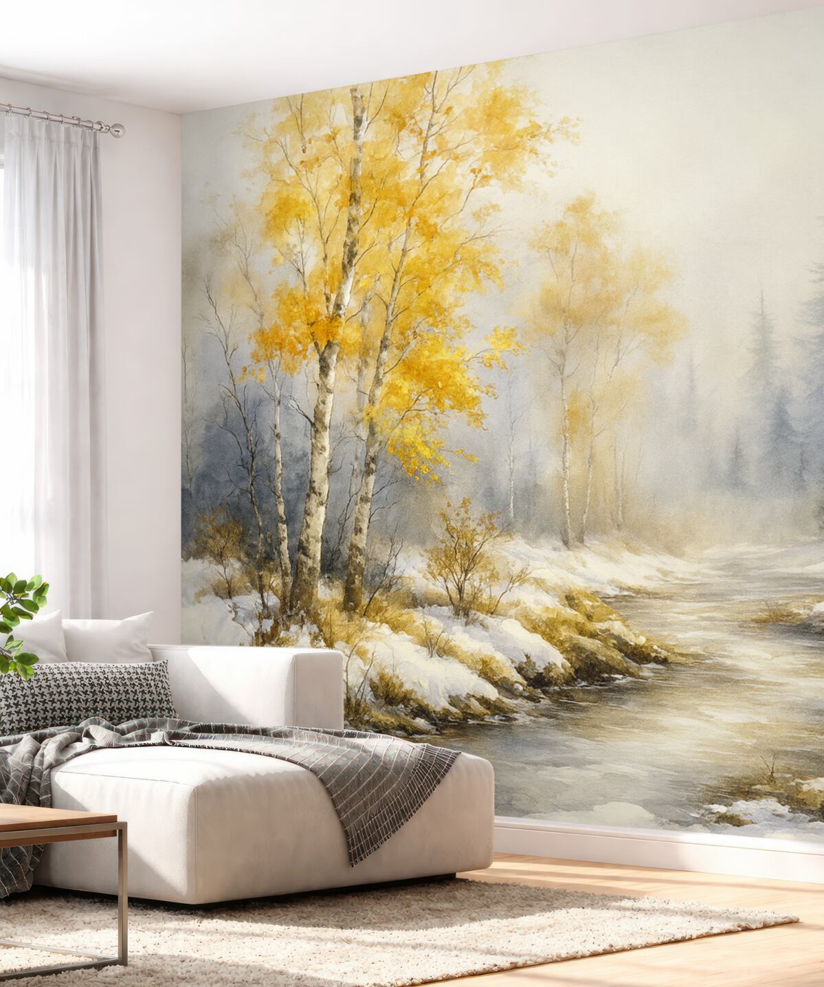 Fototapeta Zimowy las, białe brzozy, sosny, strumień, mgiełka, delikatne kolory.