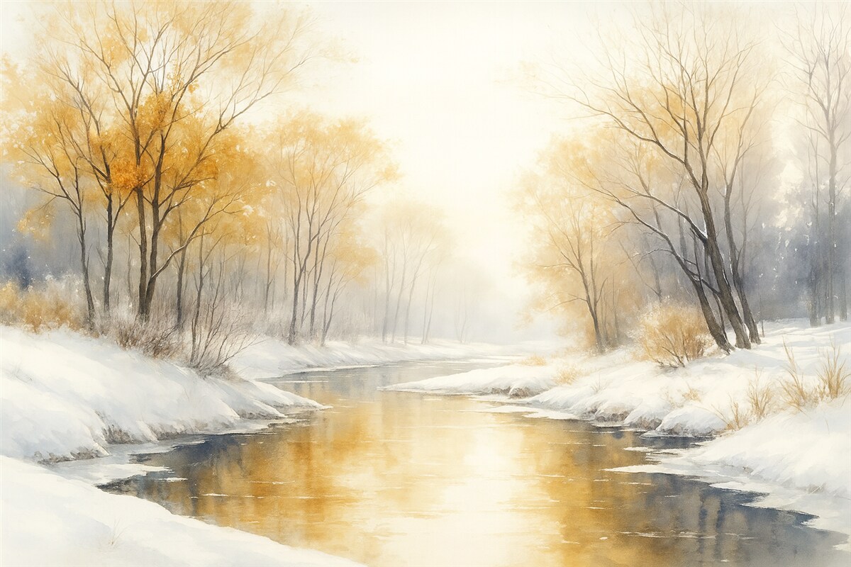 Fototapeta Zimowy widok rzeki z lasem, ilustracja w technice akwareli.