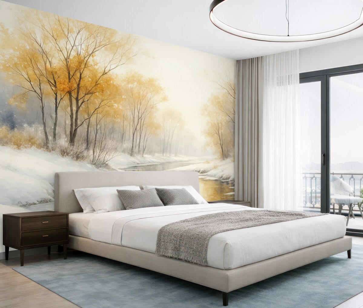 Fototapeta Zimowy widok rzeki z lasem, ilustracja w technice akwareli.