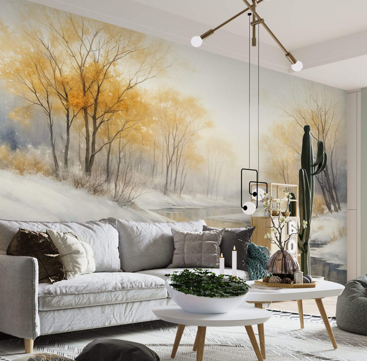 Fototapeta Zimowy widok rzeki z lasem, ilustracja w technice akwareli.