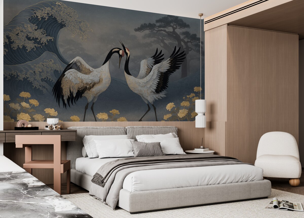 Fototapeta Żurawie, drzewa oraz fale z akcentami w stylu chińskim.