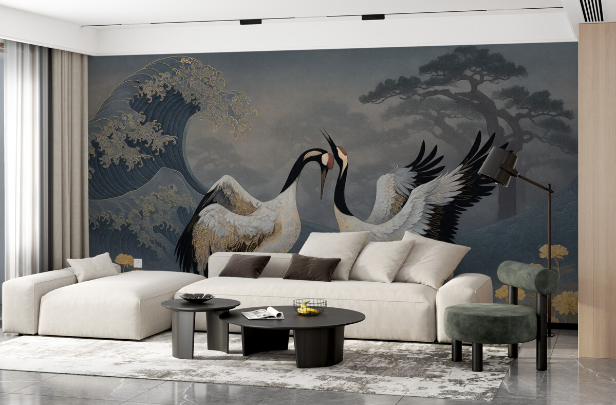 Fototapeta Żurawie, drzewa oraz fale z akcentami w stylu chińskim.