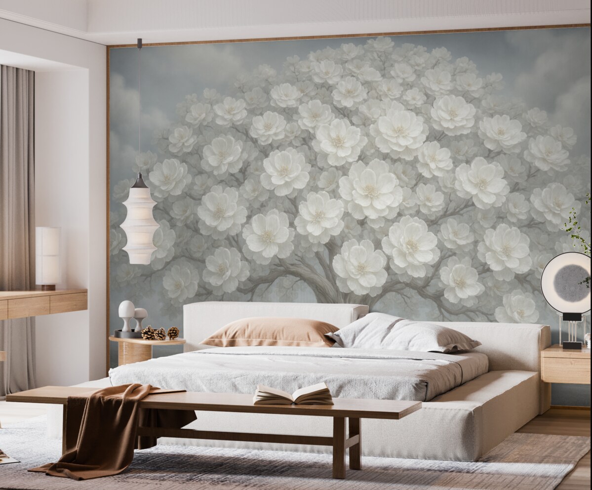 Fototapeta Wielkie drzewo w kwiatach z niebem w tle.