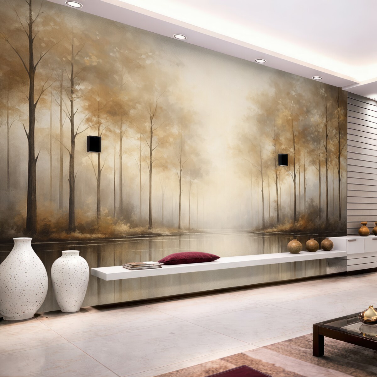 Fototapeta Mgliście otoczony las nad stawem.