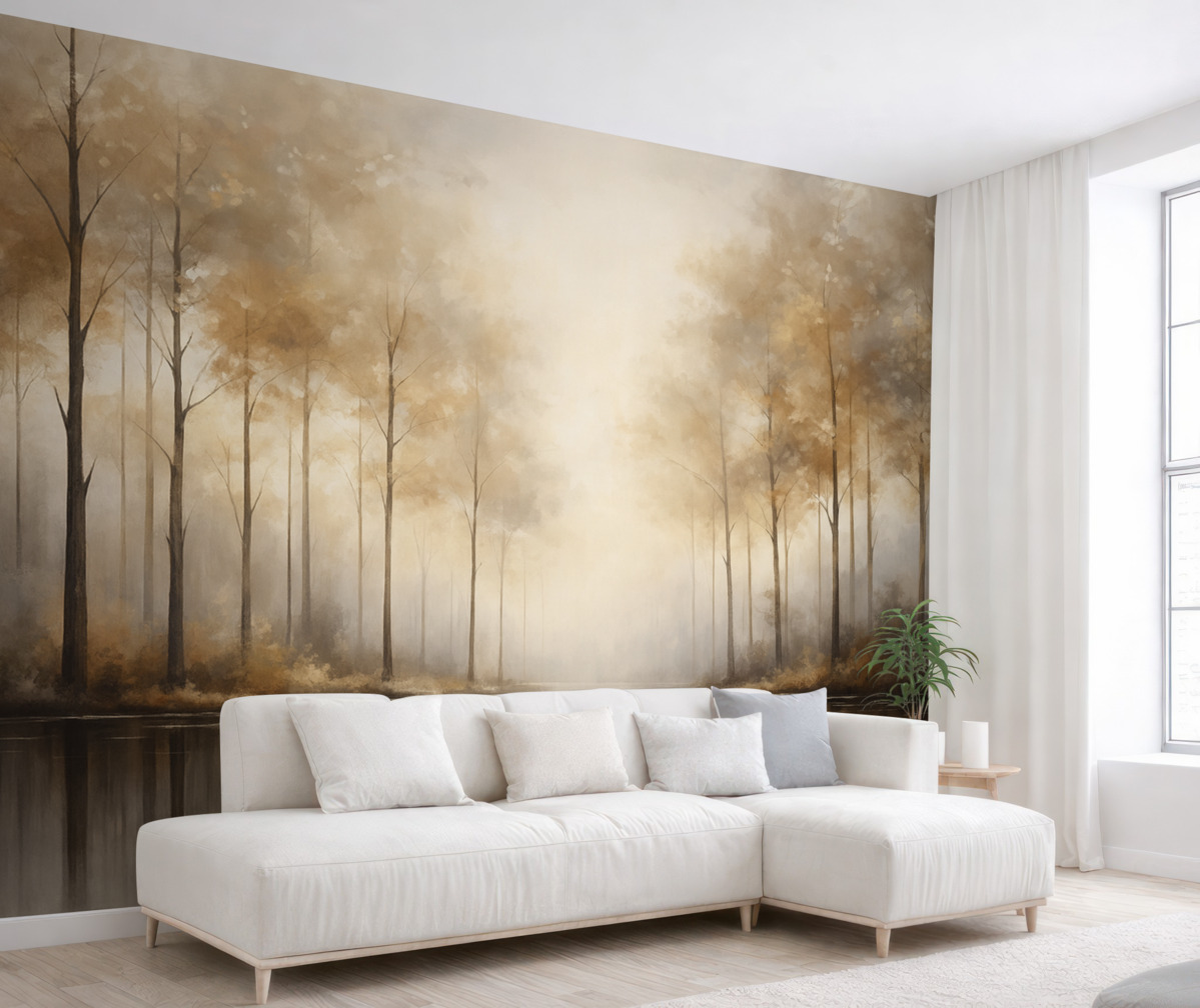 Fototapeta Mgliście otoczony las nad stawem.