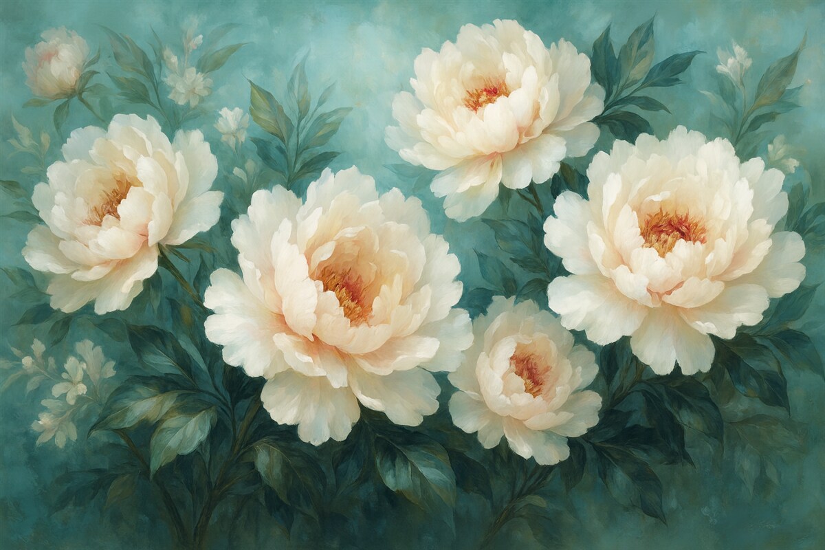 Fototapeta wielkie kwiaty soczystych piwonii na niebieskim tle