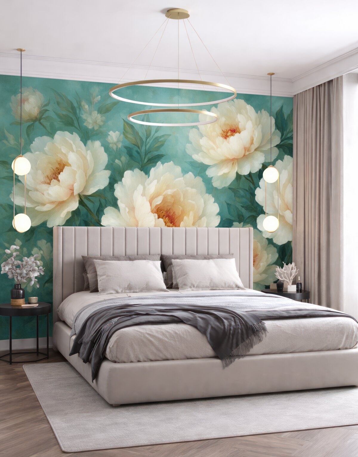 Fototapeta wielkie kwiaty soczystych piwonii na niebieskim tle