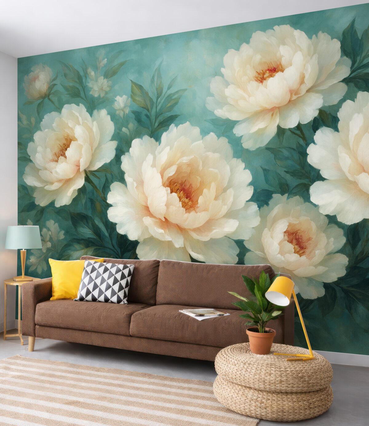 Fototapeta wielkie kwiaty soczystych piwonii na niebieskim tle