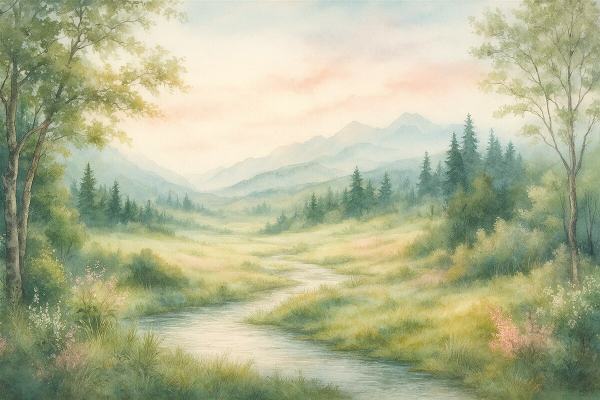 Fototapeta Akwarelowy widok z ścieżką i szczytami górskimi.