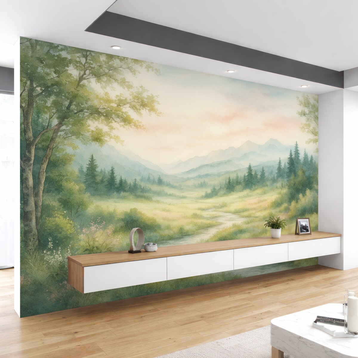 Fototapeta Akwarelowy widok z ścieżką i szczytami górskimi.