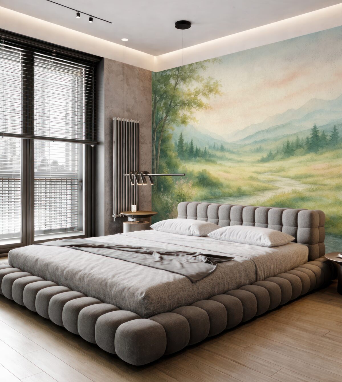 Fototapeta Akwarelowy widok z ścieżką i szczytami górskimi.