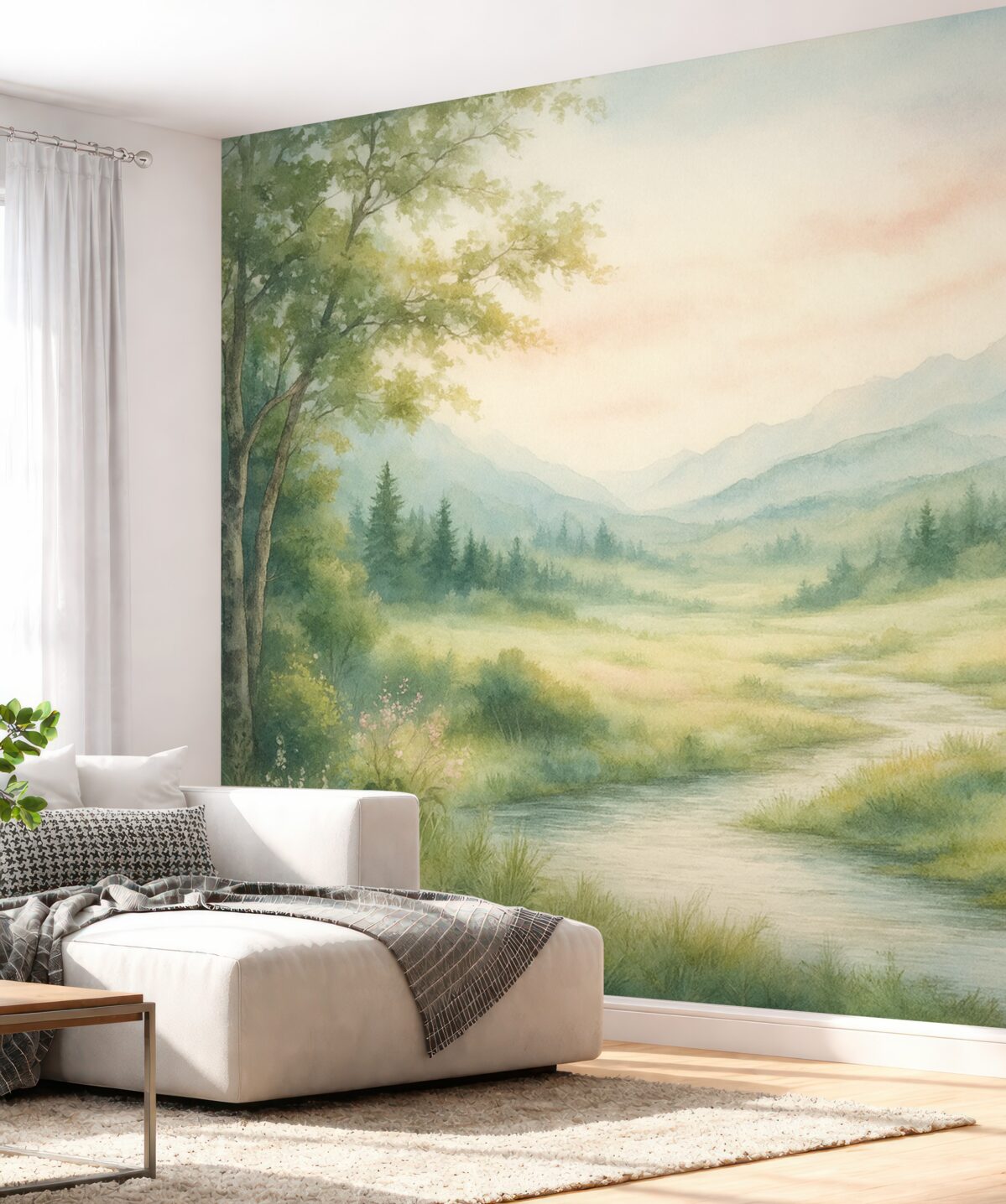 Fototapeta Akwarelowy widok z ścieżką i szczytami górskimi.